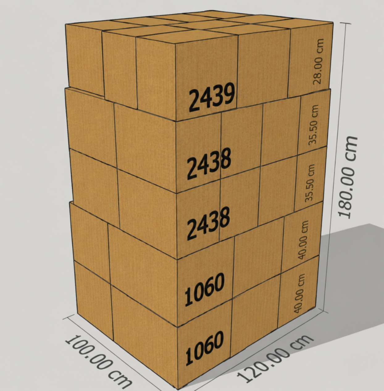 Pallet dimensions diagram showing stacked boxes with measurements: 100cm × 120cm × 180cm