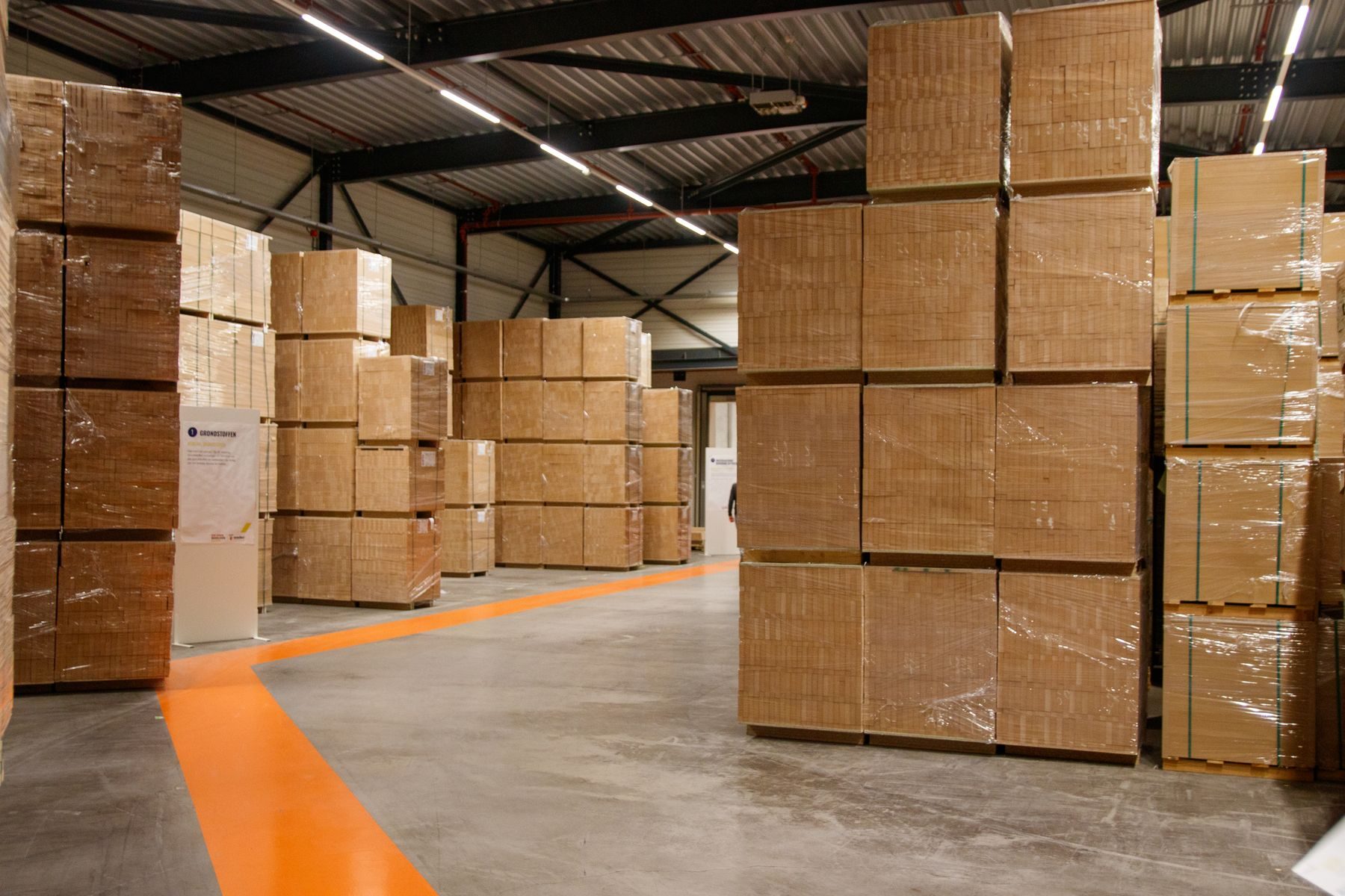 Stretch-wrapped pallets in a warehouse